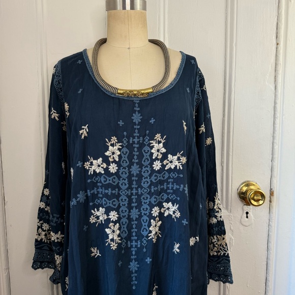 Johnny Was Abella scoop neck blue indigo Embroidered floral lace dress - Picture 8 of 11